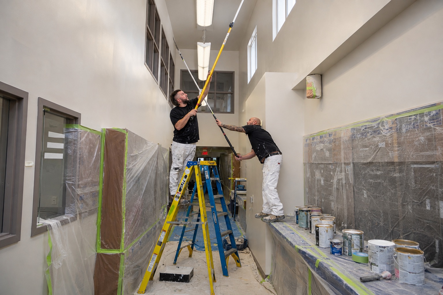 Peintres au travail dans un corridor commercial, surfaces protégées, perche d'extension pour le plafond